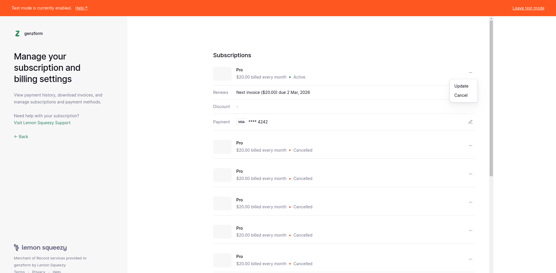 Lemon Squeezy billing portal