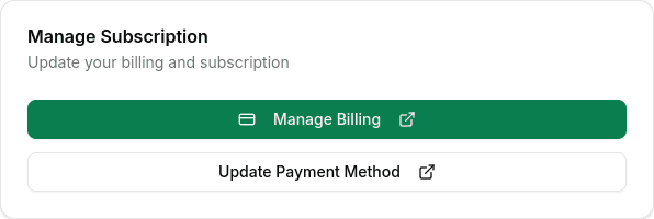 Manage Subscription section with Manage Billing and Update Payment Method buttons