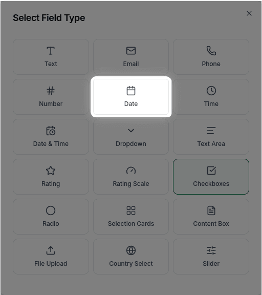 Date field in the field type selector