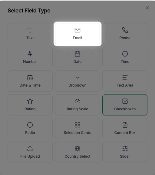 Email field in the field type selector