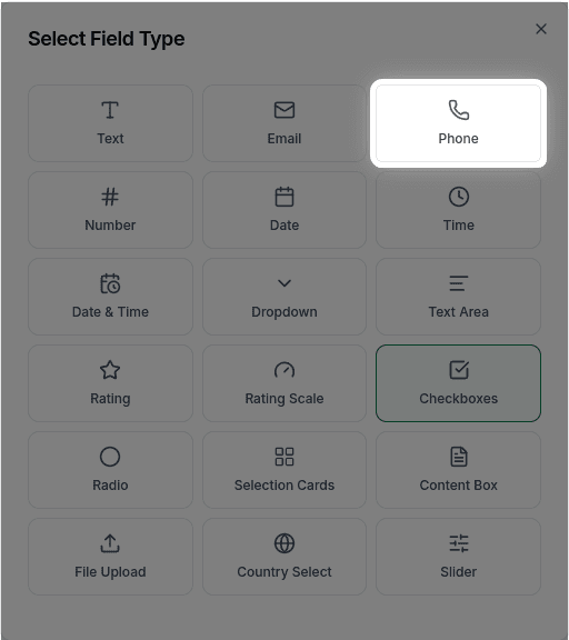 Phone field in the field type selector