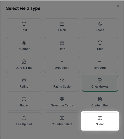 Slider field in the field type selector