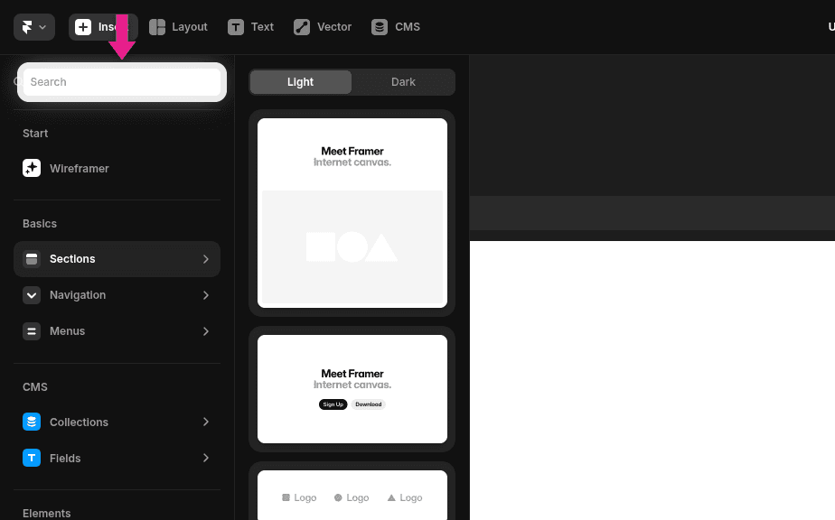 Search for embed in Framer Insert panel