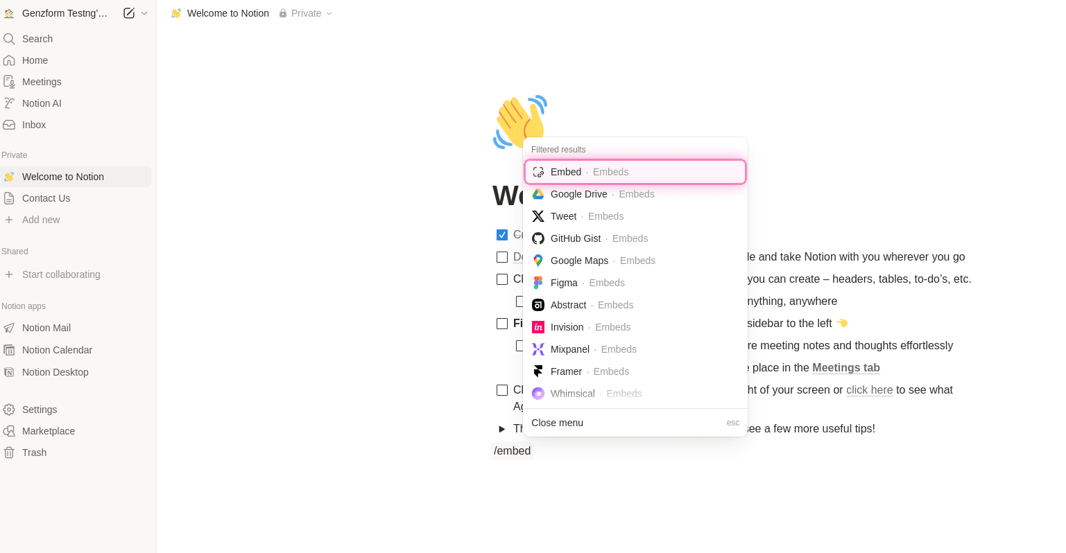 Notion embed command menu