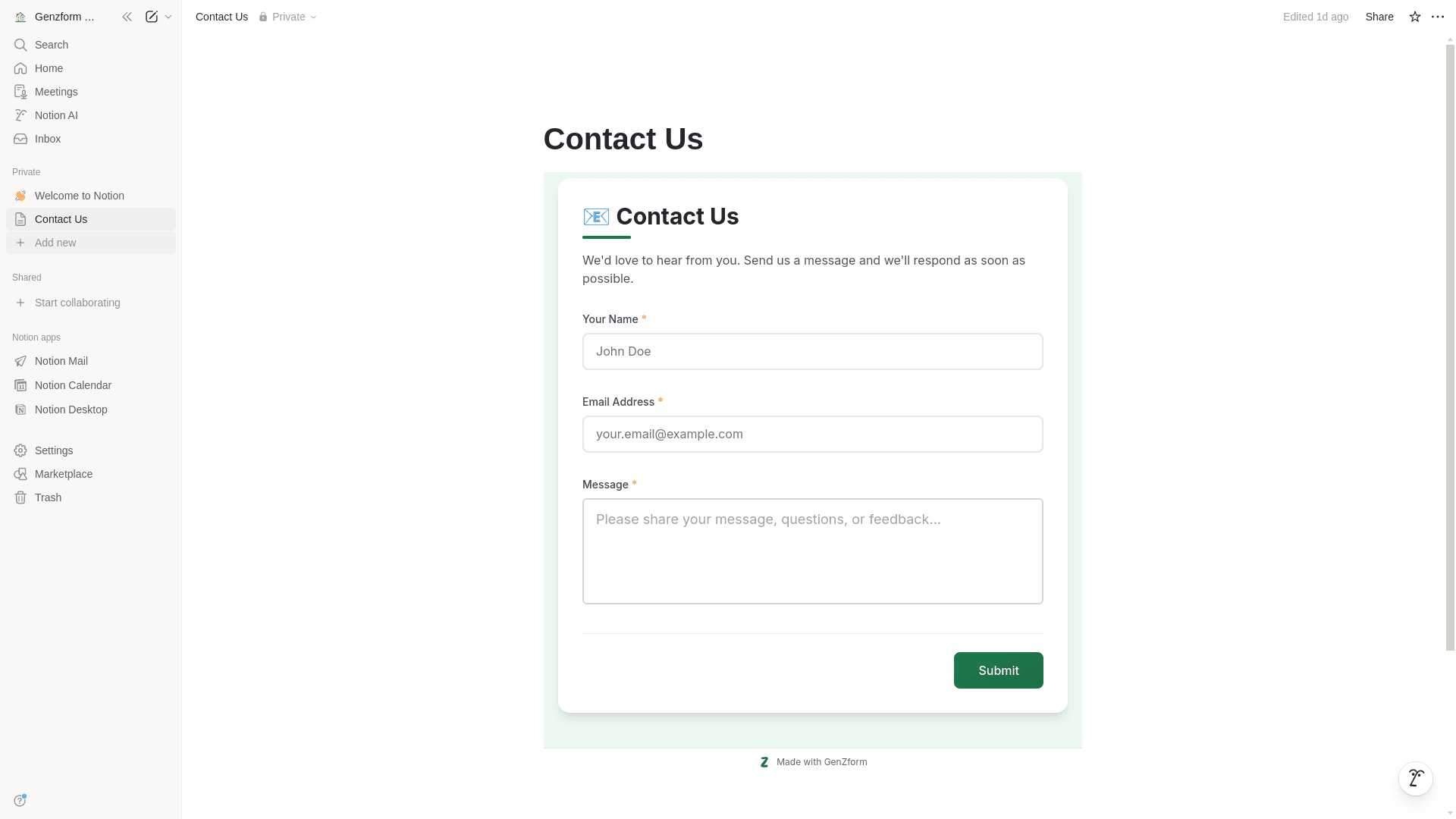 GenZform embedded in Notion page