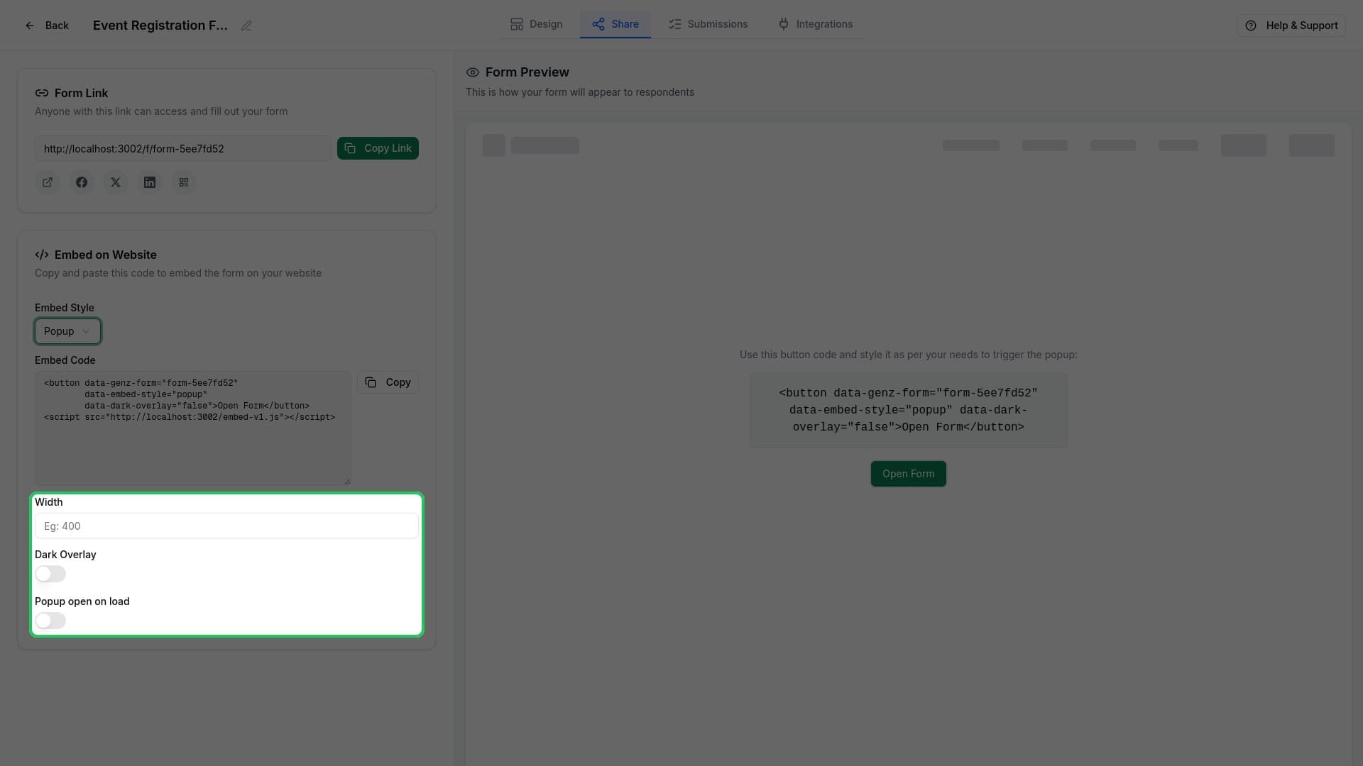 Popup configuration options