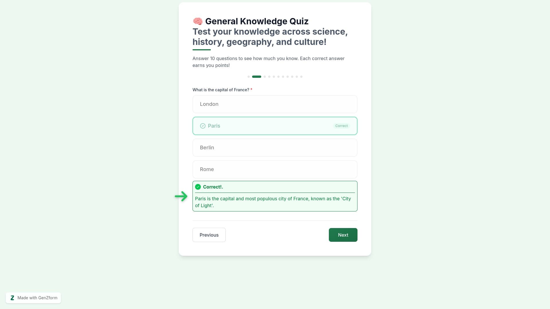 Quiz output showing the answer explanation after a user answers correctly, with a green checkmark and the explanation text