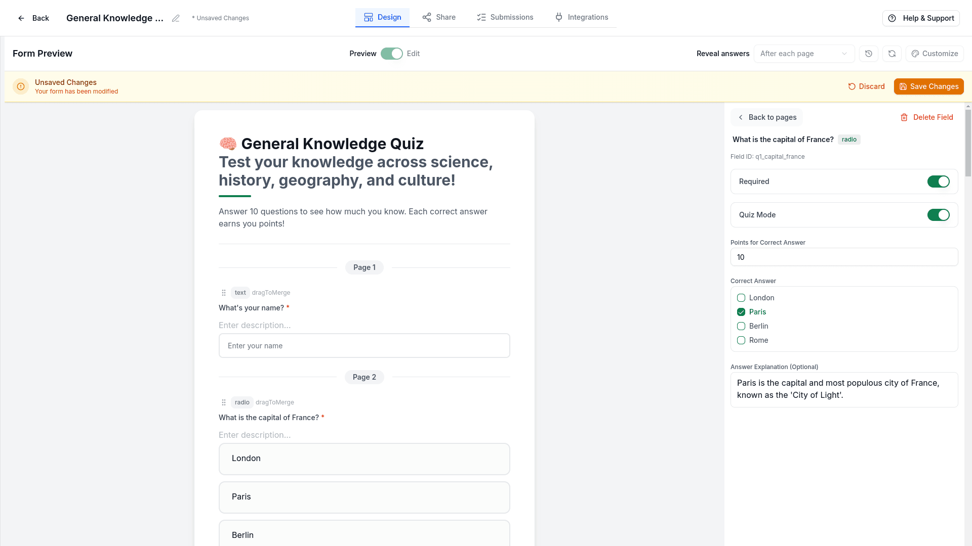 Field properties panel showing Quiz Mode toggle, Points value, Correct Answer dropdown, and Answer Explanation field
