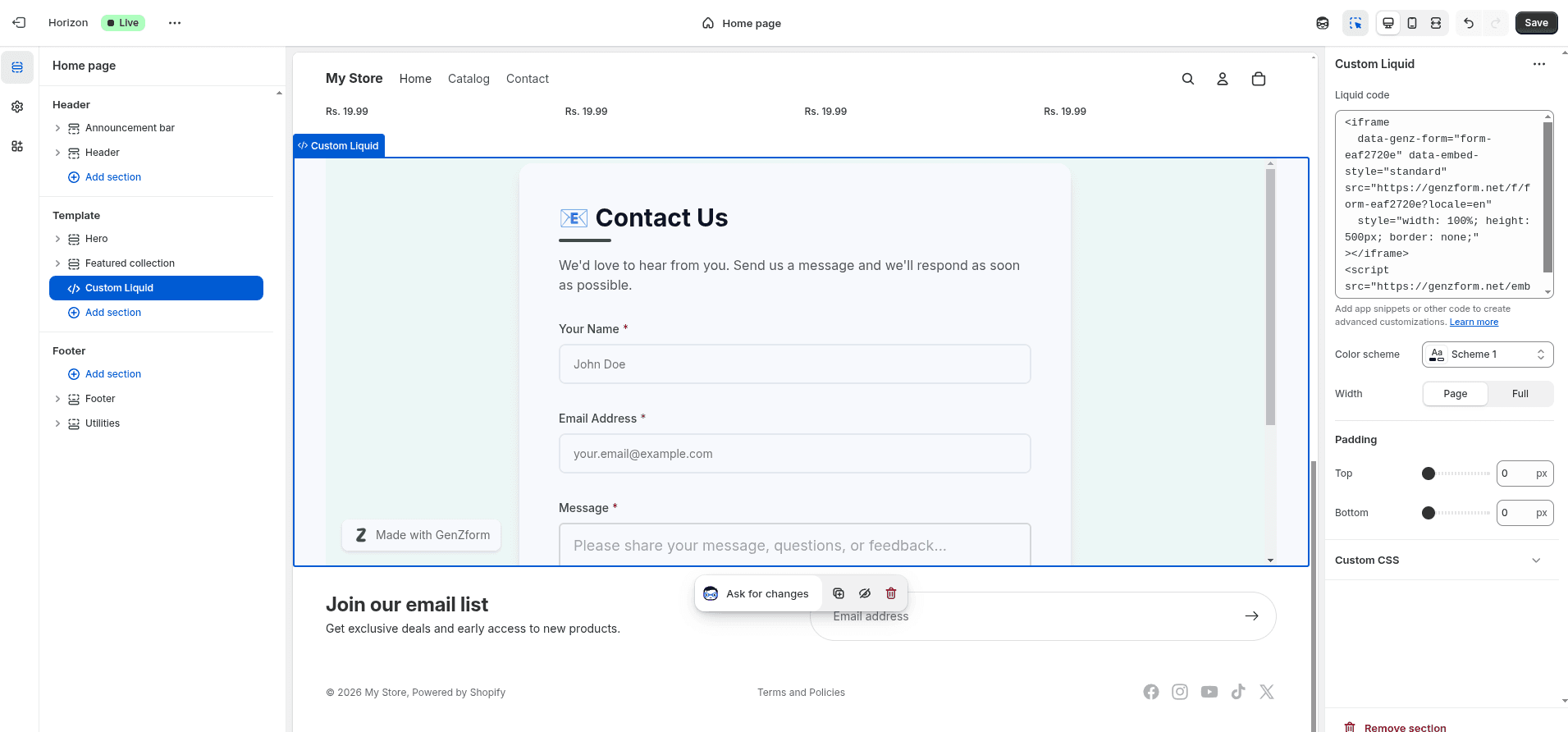 GenZform embedded in Shopify store