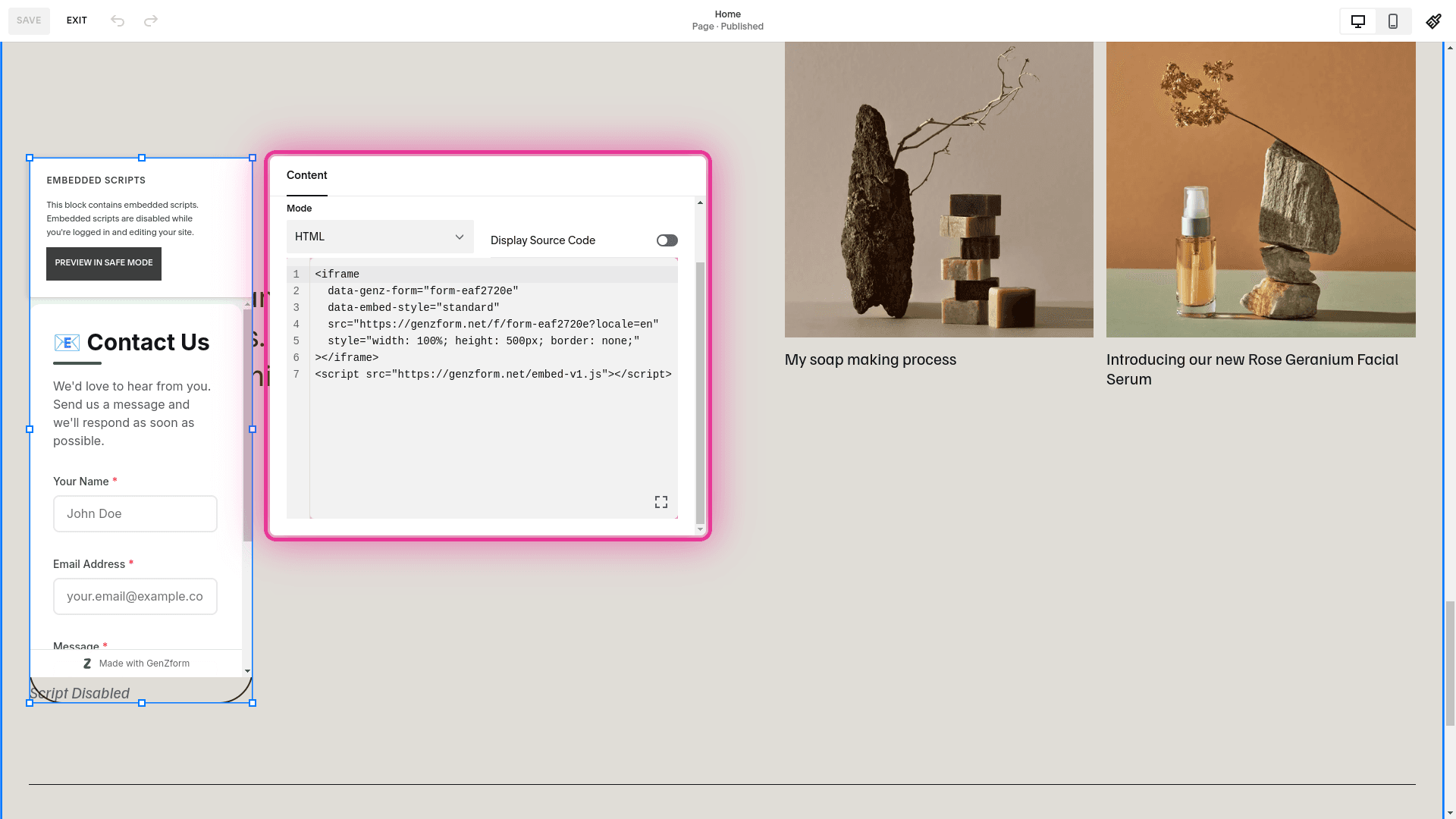 Embed code pasted in Squarespace Code Block