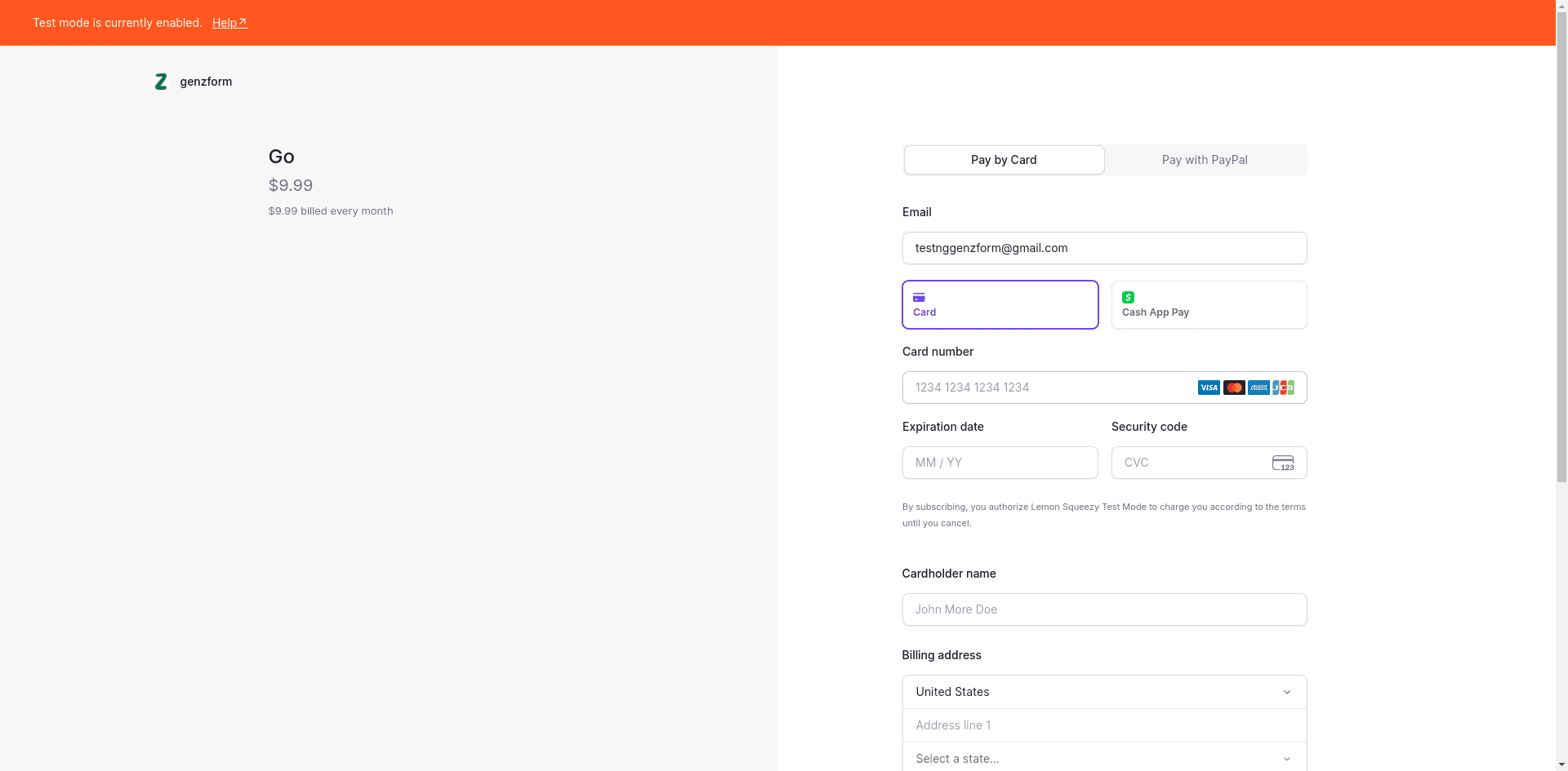 Lemon Squeezy checkout page