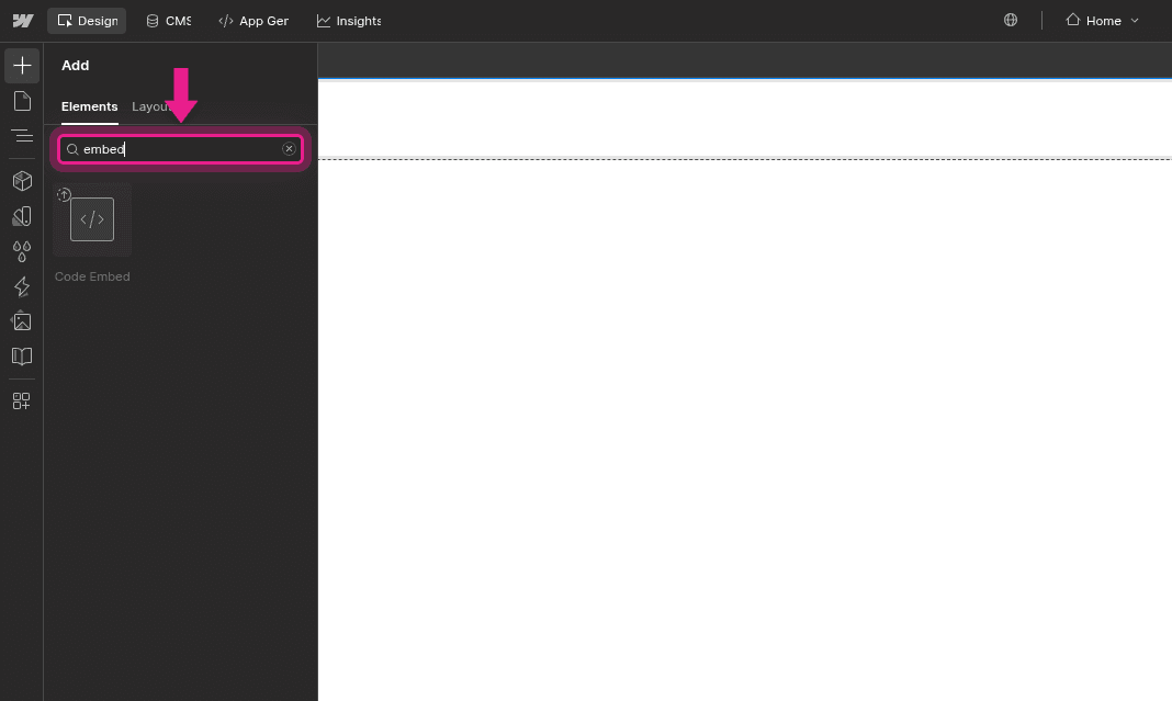 Searching for Embed in Webflow