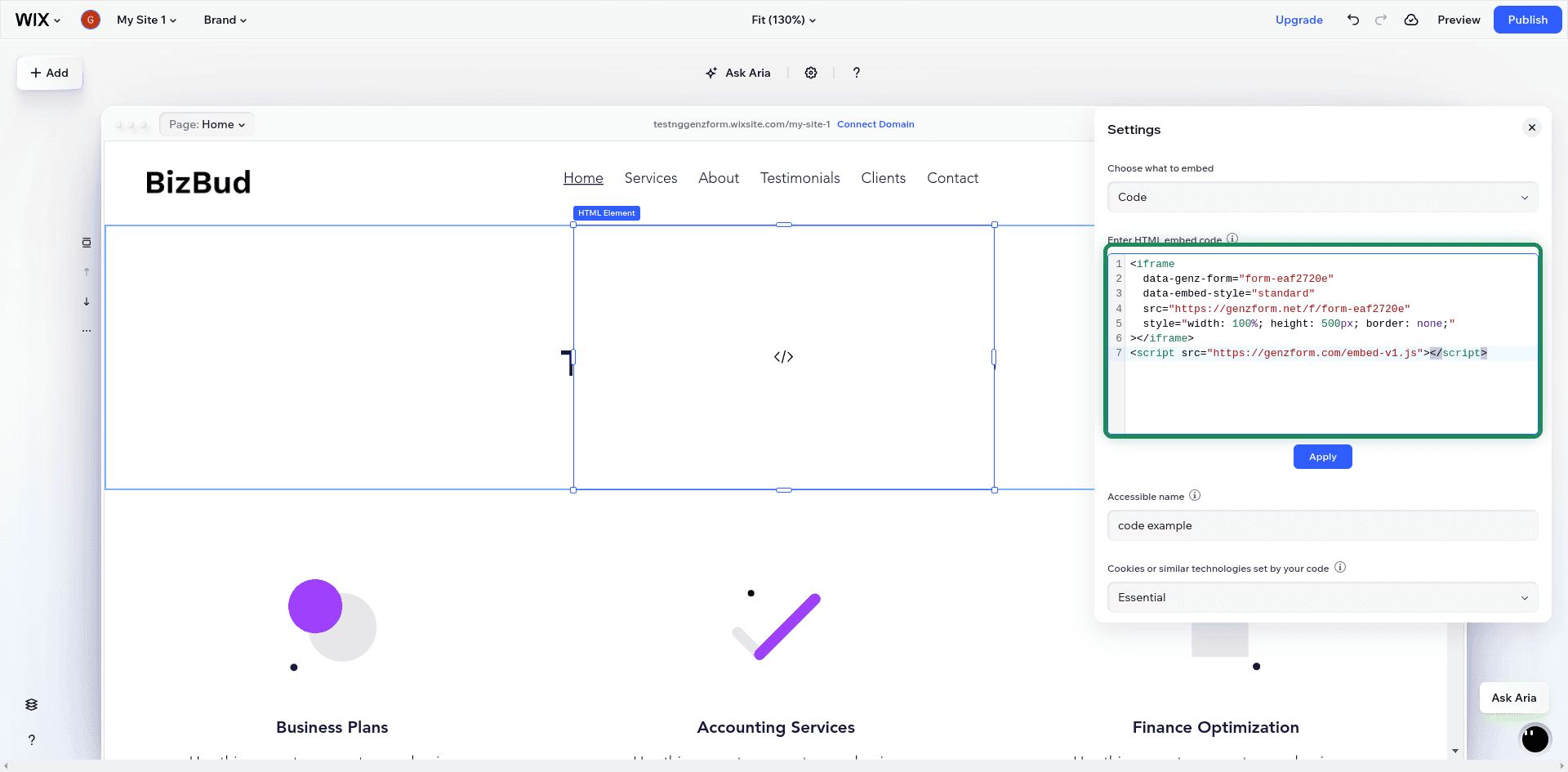 Embed code pasted in Wix editor