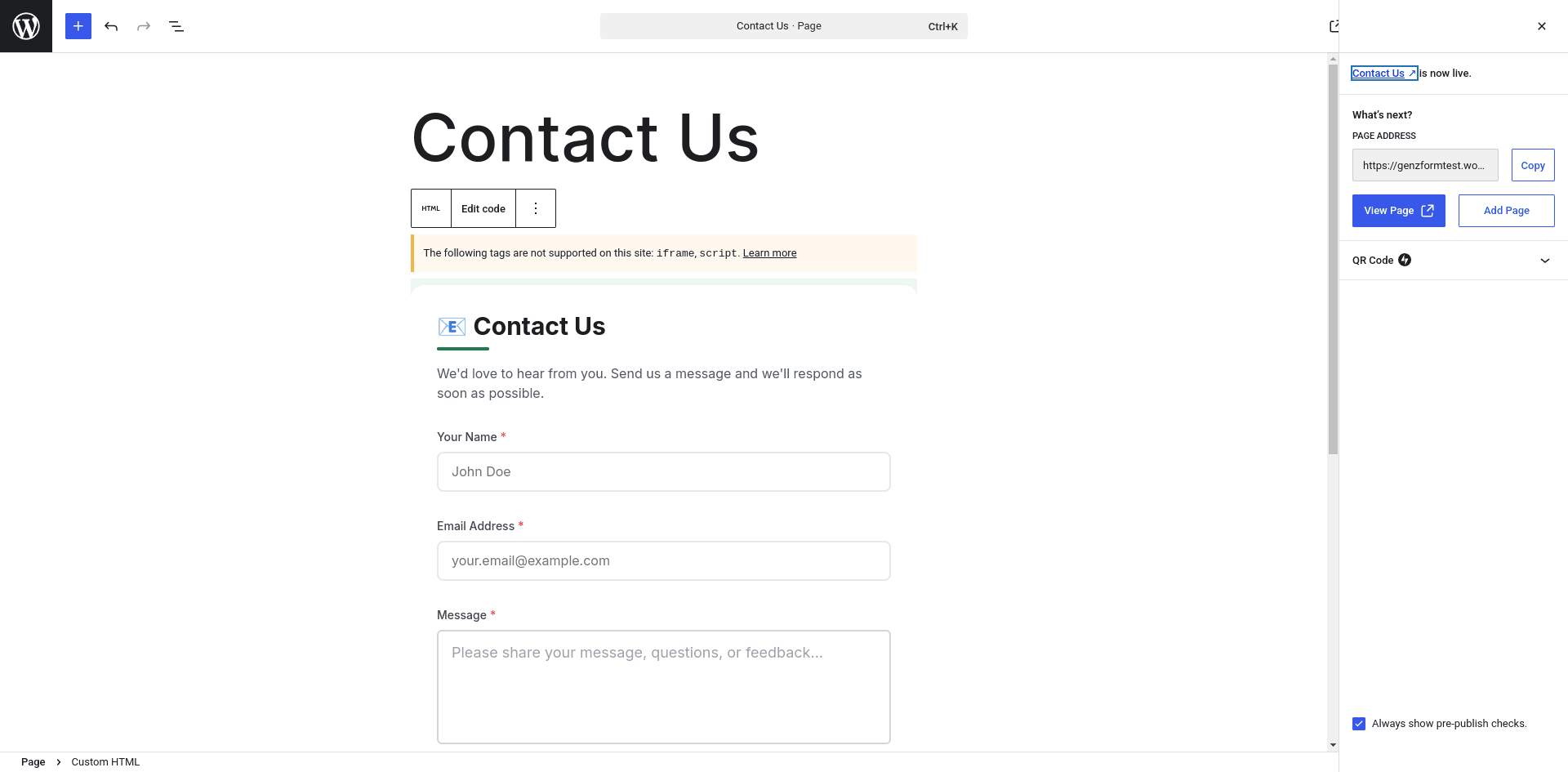 Published WordPress page with embedded form