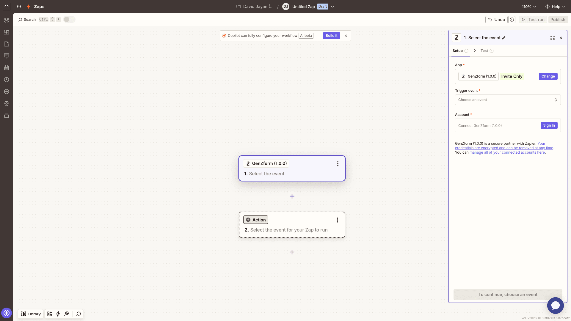GenZform selected in Zapier