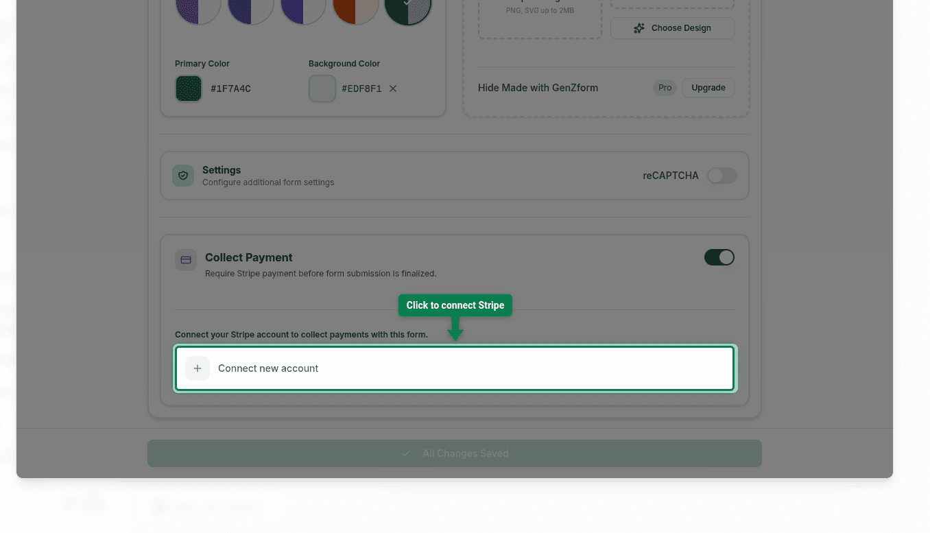 Connect new account button under the Collect Payment section