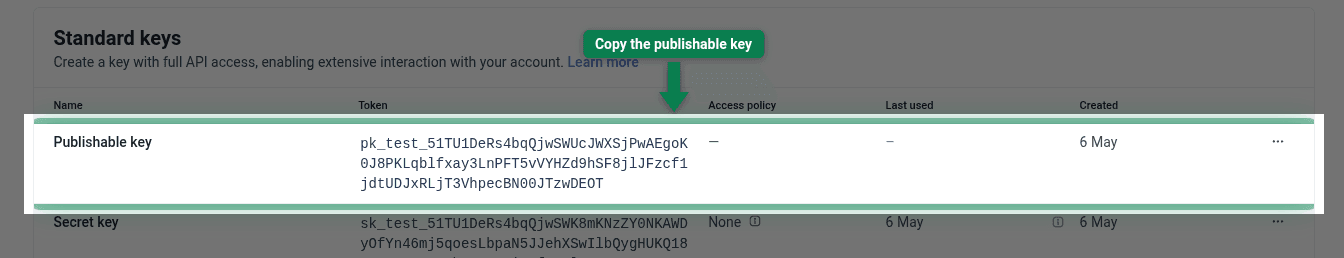 Publishable key row highlighted on the Stripe API keys page