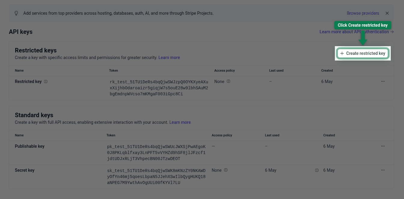 Create restricted key button highlighted on the Stripe API keys page