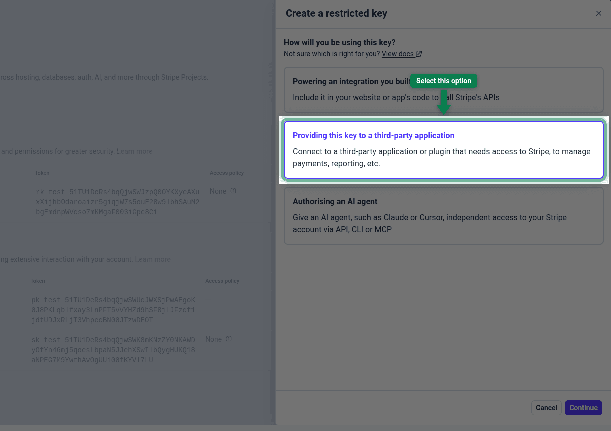 Third-party application option selected in the Create a restricted key panel