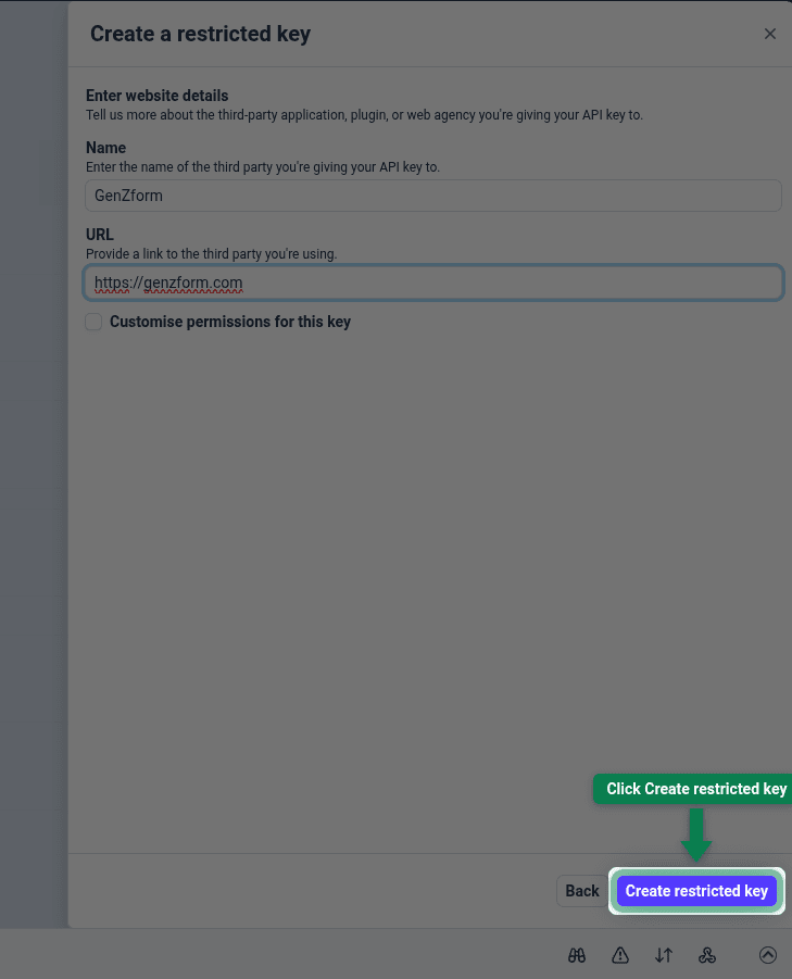 GenZform name and URL filled in, with the Create restricted key button highlighted
