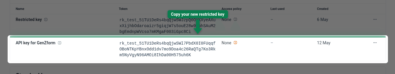 Newly created restricted key for GenZform highlighted in the keys list