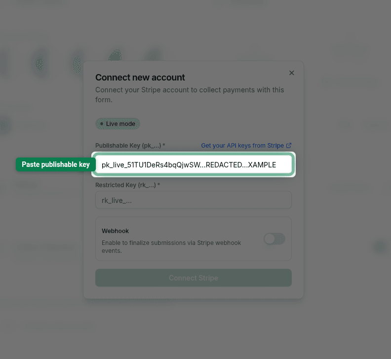 Publishable key pasted into the GenZform Connect new account modal
