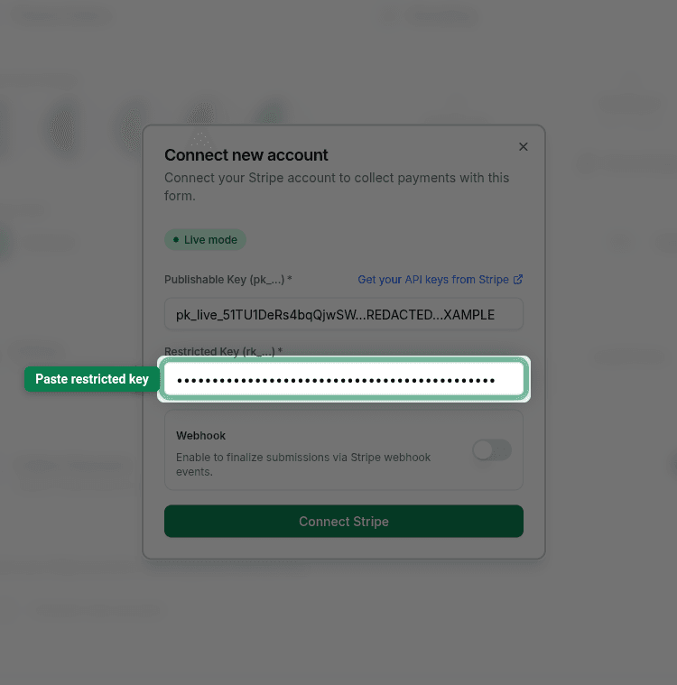 Restricted key pasted into the GenZform Connect new account modal