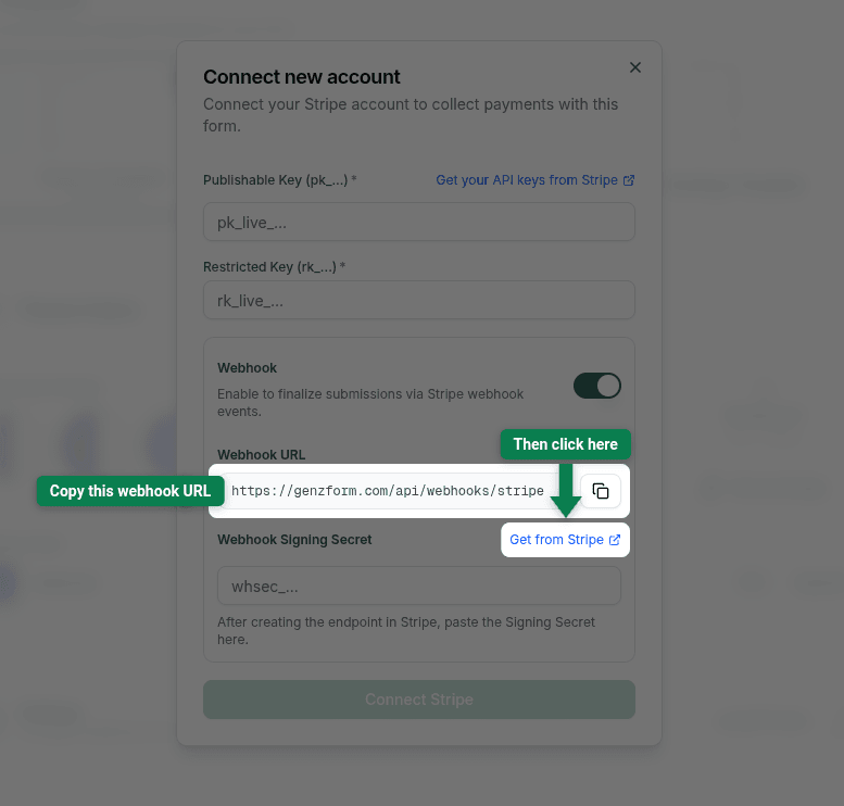 Webhook toggle enabled with the Get from Stripe link highlighted