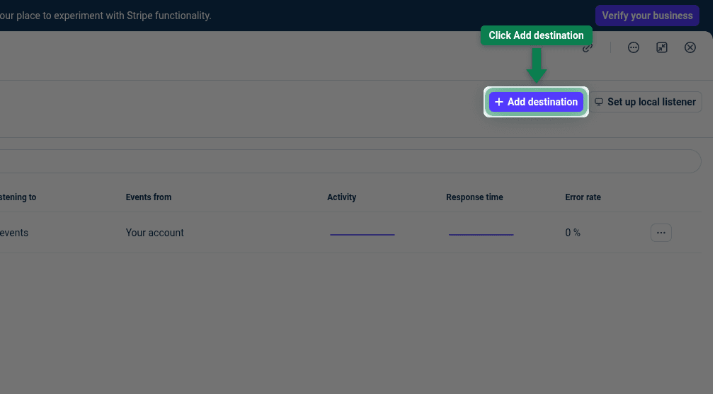 Add destination button on the Stripe webhooks page