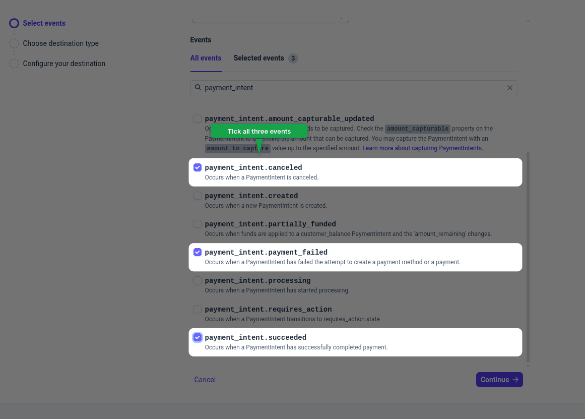 payment_intent.succeeded, payment_intent.payment_failed, and payment_intent.canceled checkboxes selected