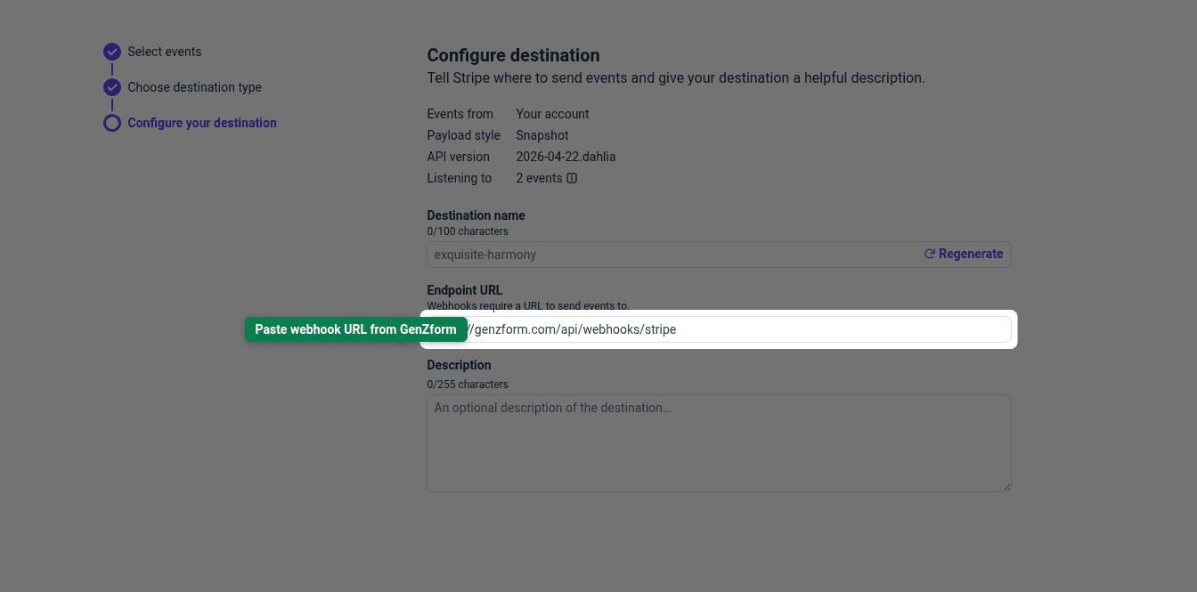 Endpoint URL field with the GenZform webhook URL filled in