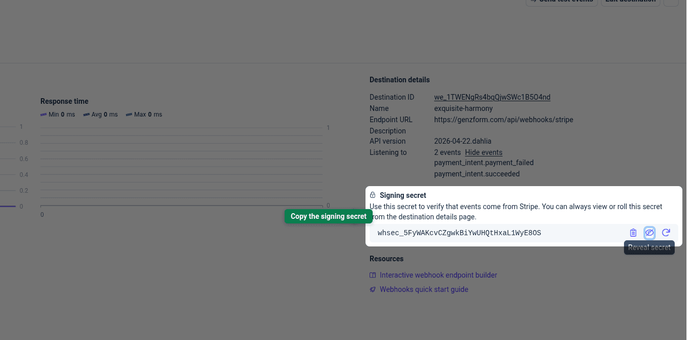 Signing secret card on the Stripe destination page