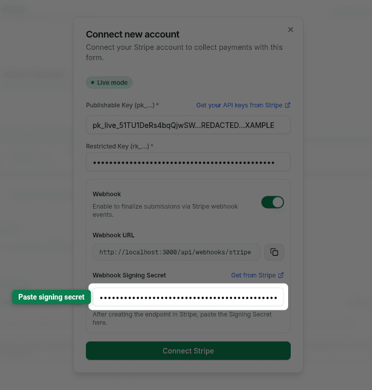 Signing secret pasted into the GenZform modal