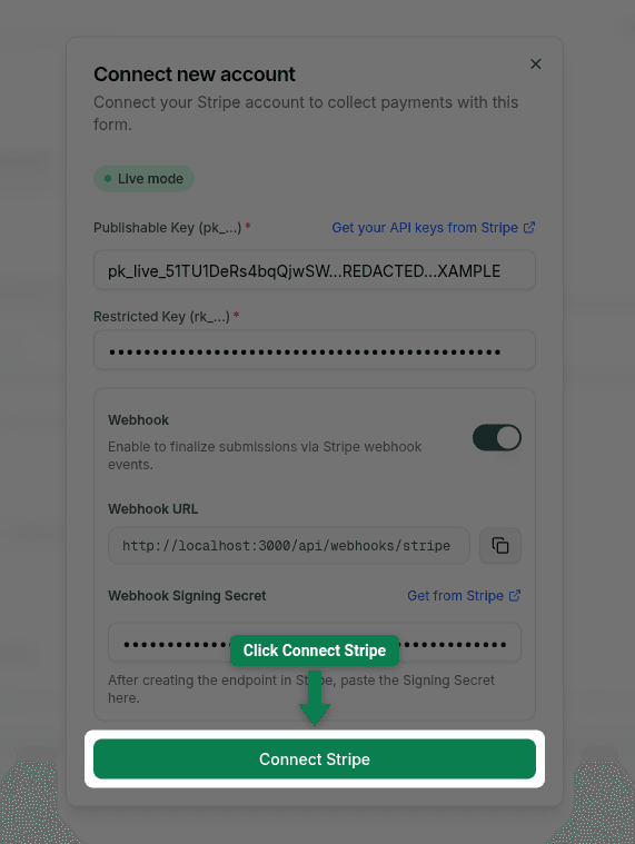 Connect Stripe button at the bottom of the modal