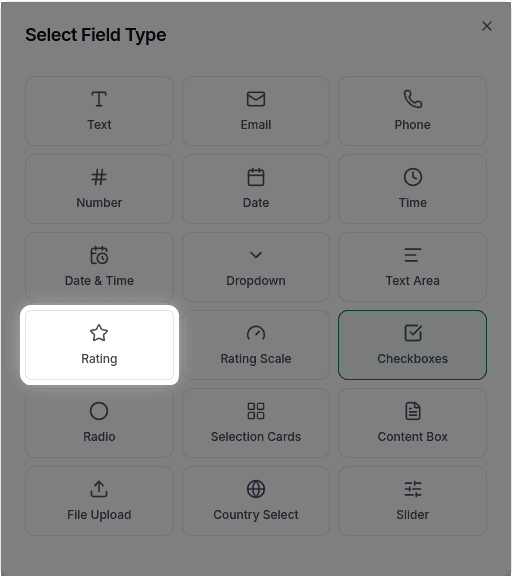 Rating field in the field type selector