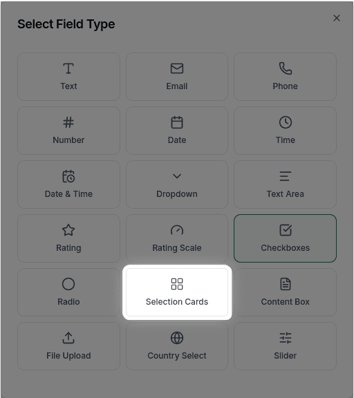 Selection Cards in the field type selector