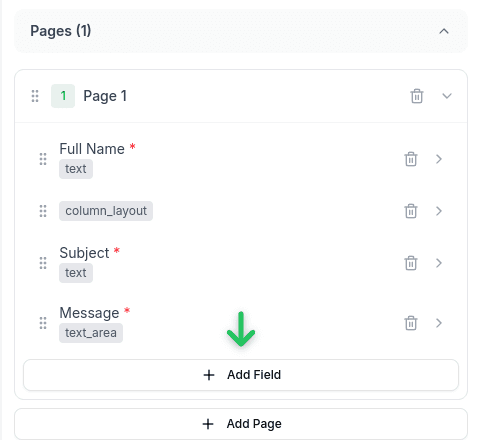 Pages panel showing Add Field button highlighted with green arrow
