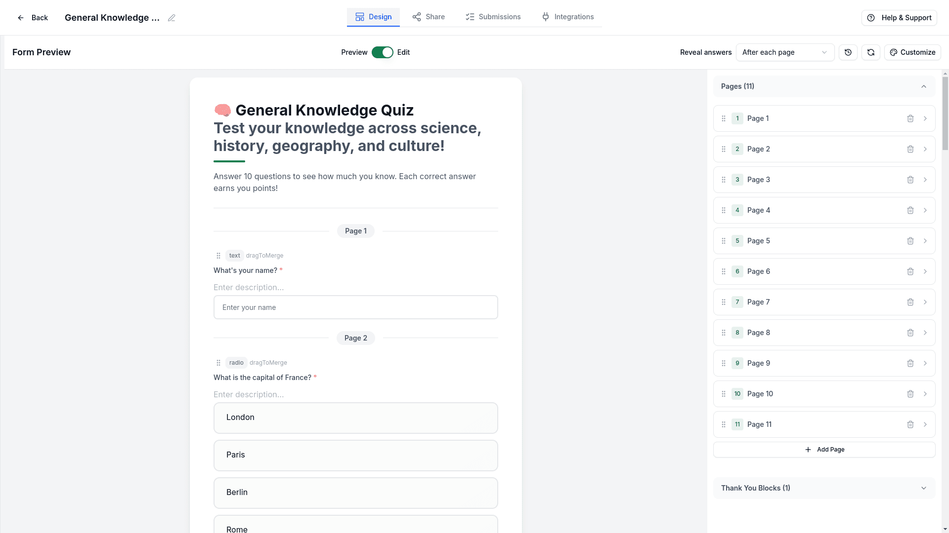 Quiz editor showing multiple choice questions with correct answers and explanations