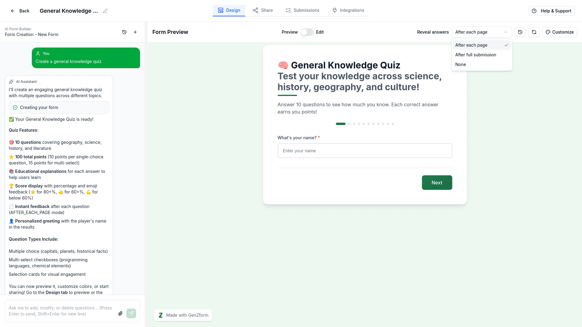 Reveal answers dropdown showing three options: After each page, After full submission, and None